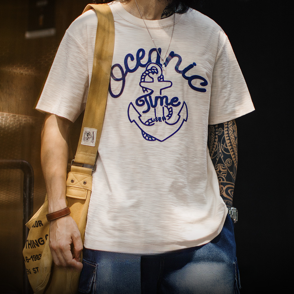 美式復古海軍刺繡T恤白色重磅竹節棉螺紋領口短袖男夏季