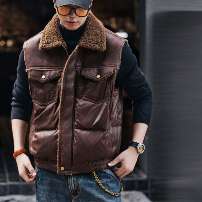 裂紋皮加厚羊羔絨棉衣馬甲男外套秋冬保暖棉服背心