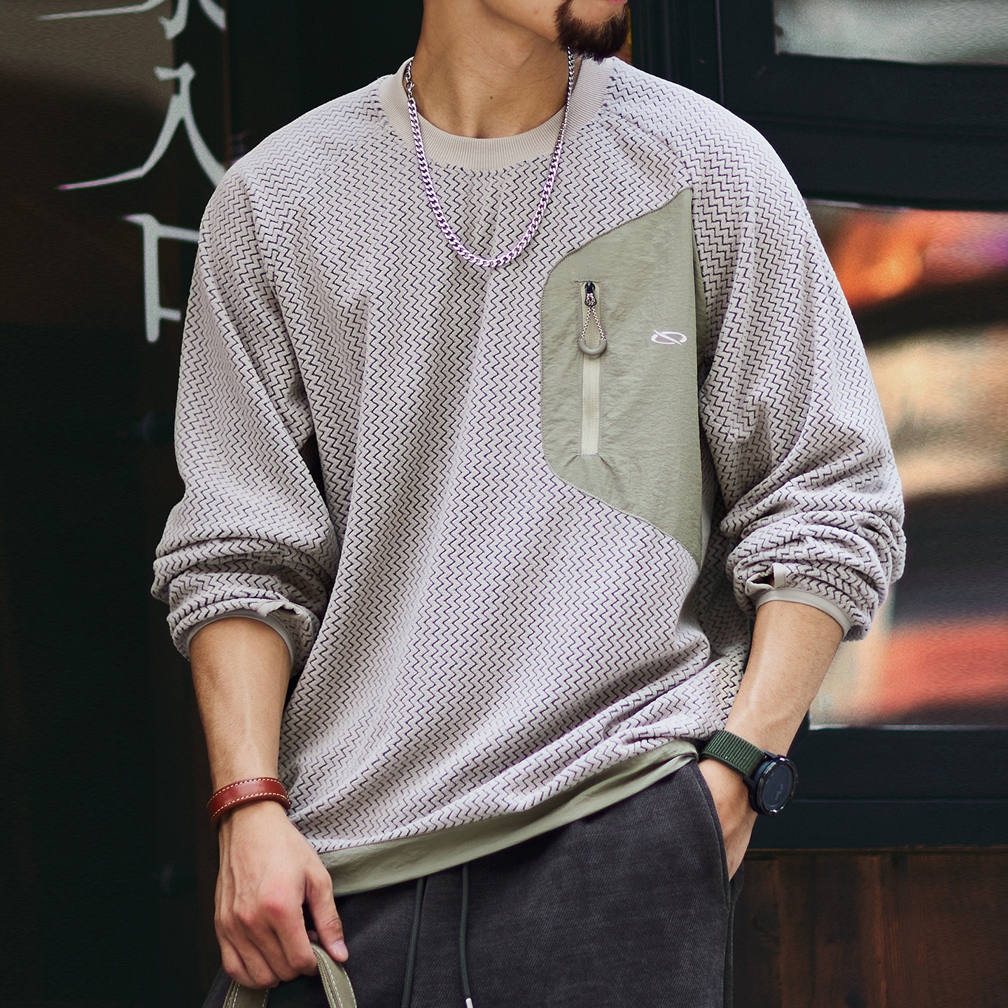 280g波浪肌理絨感長袖衛衣男2025秋季新款寬鬆拼接圓領套頭上衣