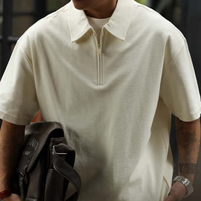 美式休閒半拉鍊翻領POLO衫男260g重磅肌理感寬鬆短袖T恤