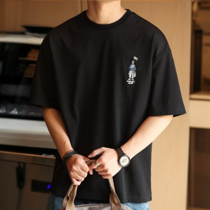 美式休閒精工膠印短袖T恤男士210g卡通趣味圓領打底衫