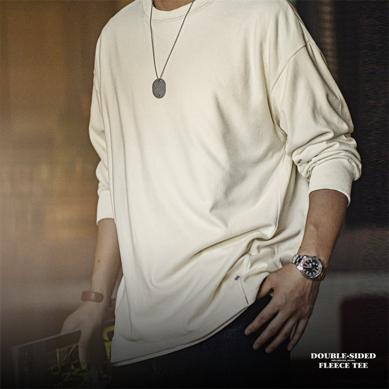 美式雙面磨毛仿德絨長袖T恤基礎款寬鬆圓領保暖上衣男秋-Retro's Wear