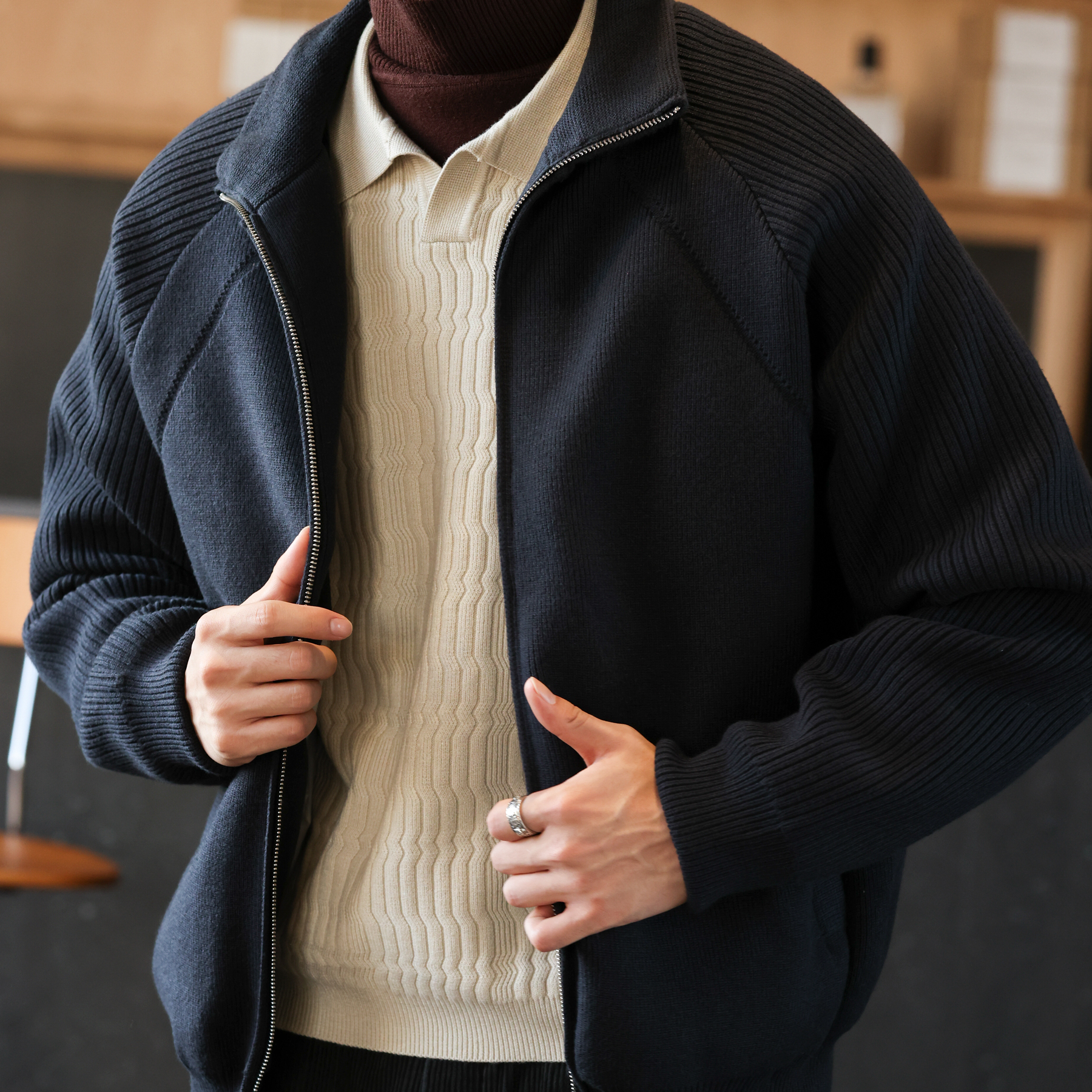 美式休閒保暖立領毛衣羽絨服男90絨灰色針織開衫外套冬