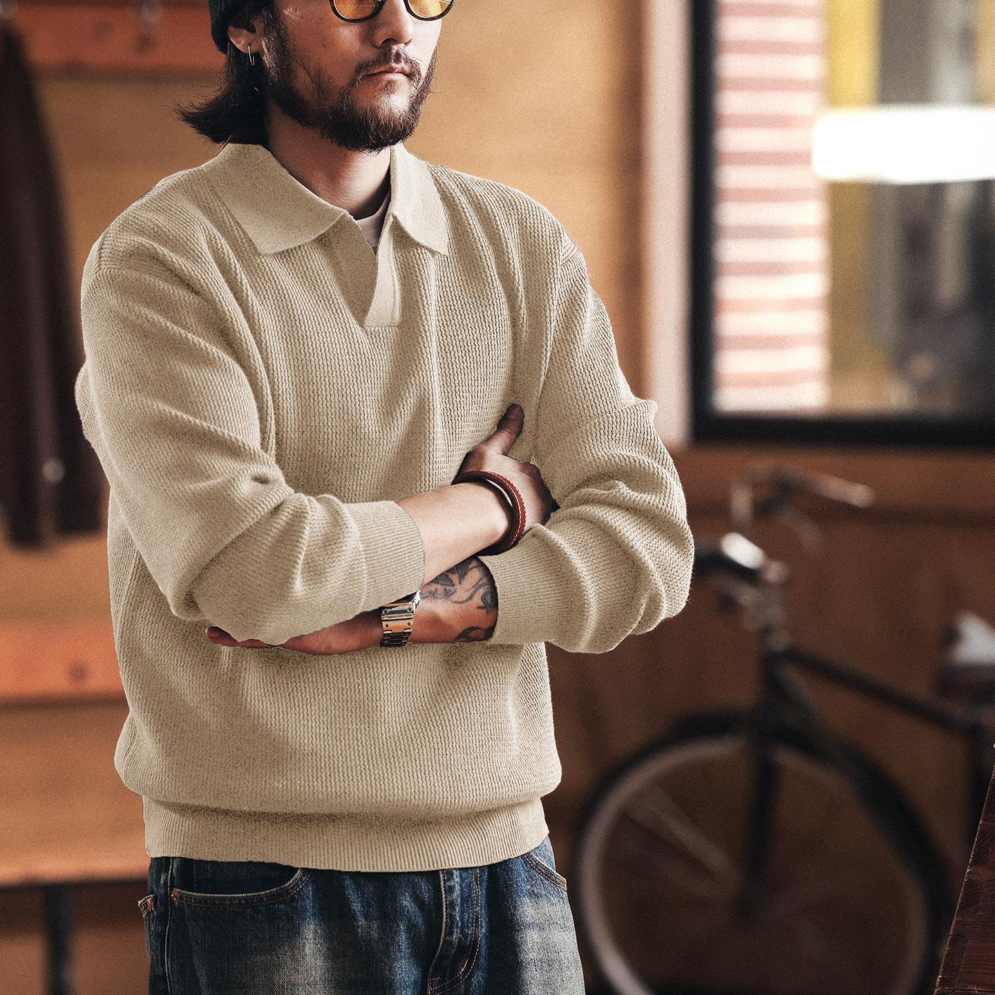 美式復古老錢風海鷗領毛衣男秋冬款寬鬆潮牌保暖POLO針織衫