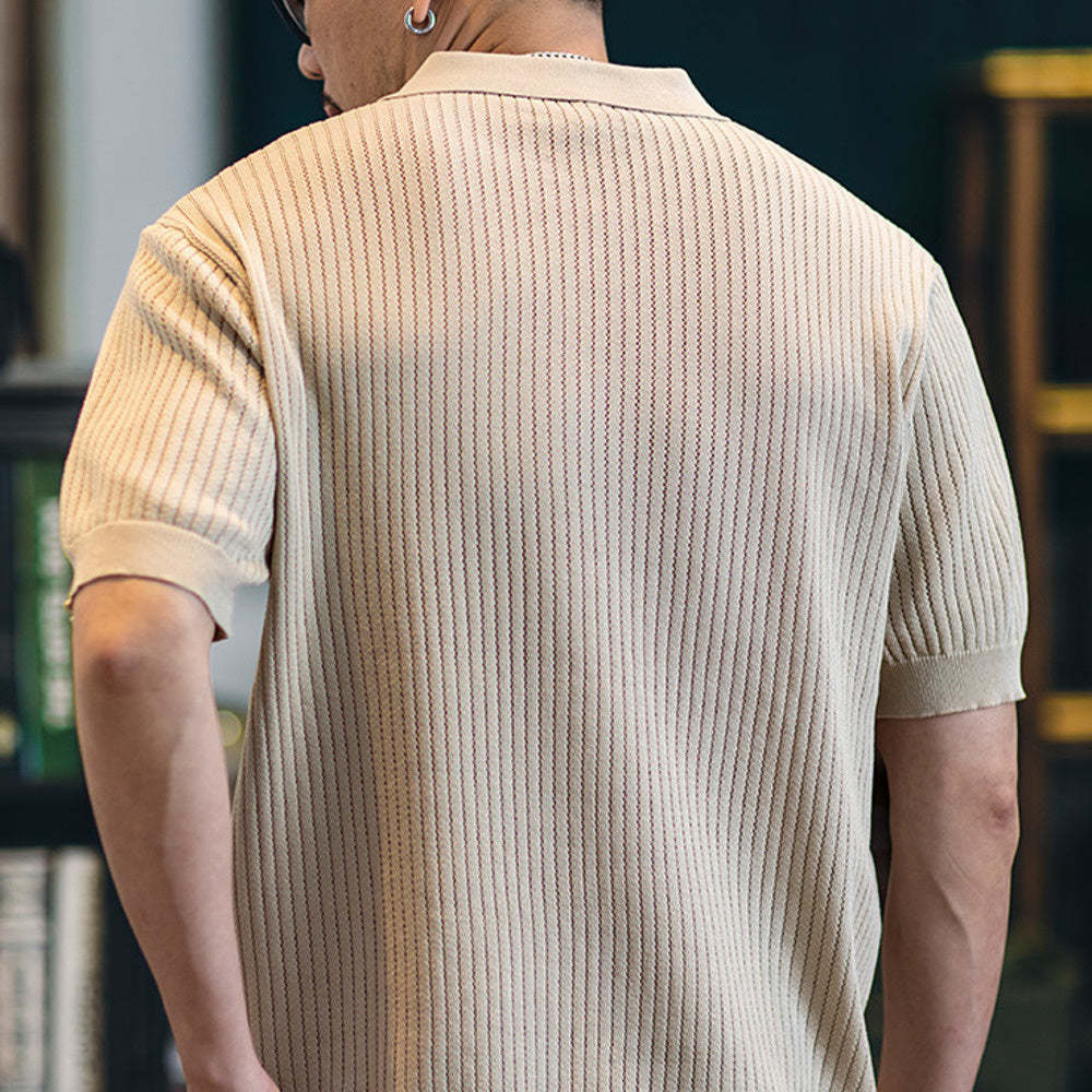 美式V領冰絲Polo衫短袖男2025新款寬鬆針織衫T恤夏季純色翻領上衣