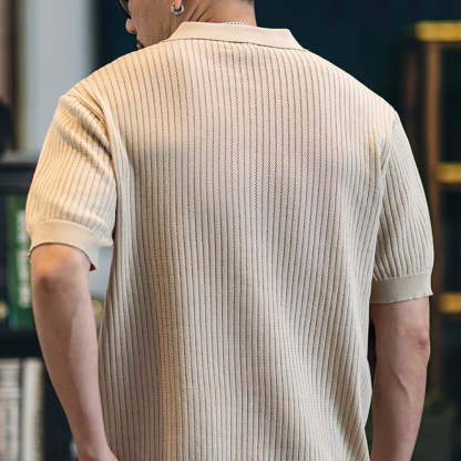 美式V領冰絲Polo衫短袖男2025新款寬鬆針織衫T恤夏季純色翻領上衣