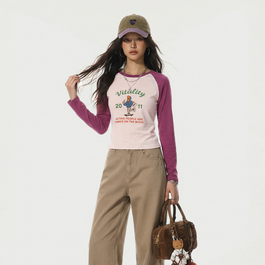 美式萊賽爾圓領撞色插肩修身顯瘦印花長袖T恤打底衫上衣女春