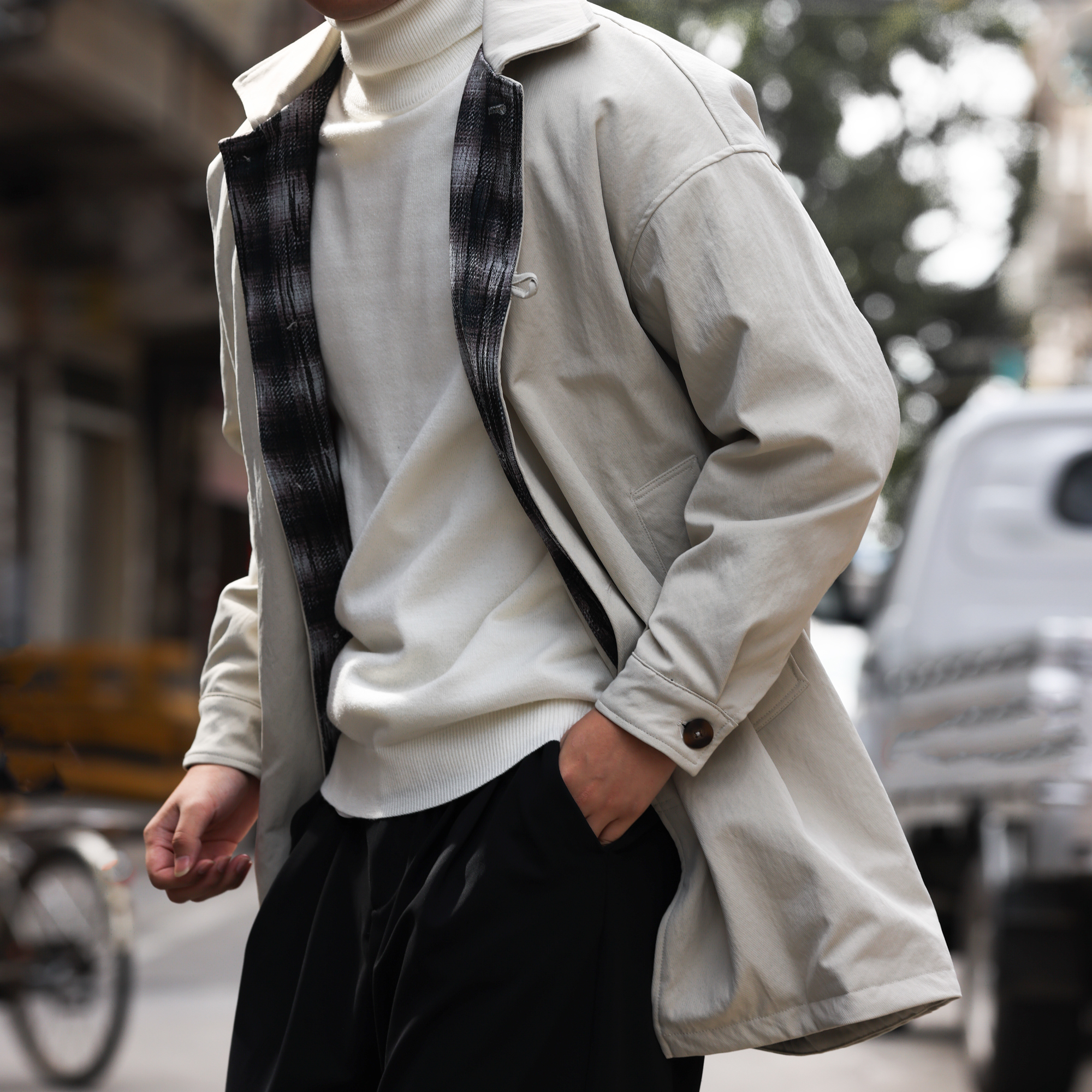 美式休閒翻領中長款風衣男夾棉加厚單排扣簡約棉衣外套