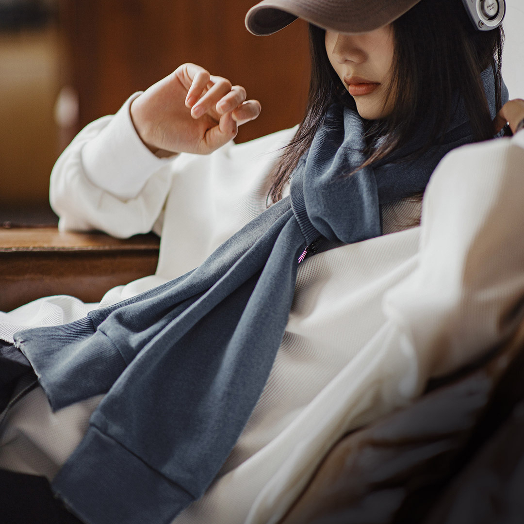 復古藍色針織長款披肩圍巾兩用保暖護頸圍脖外搭護肩女士秋冬