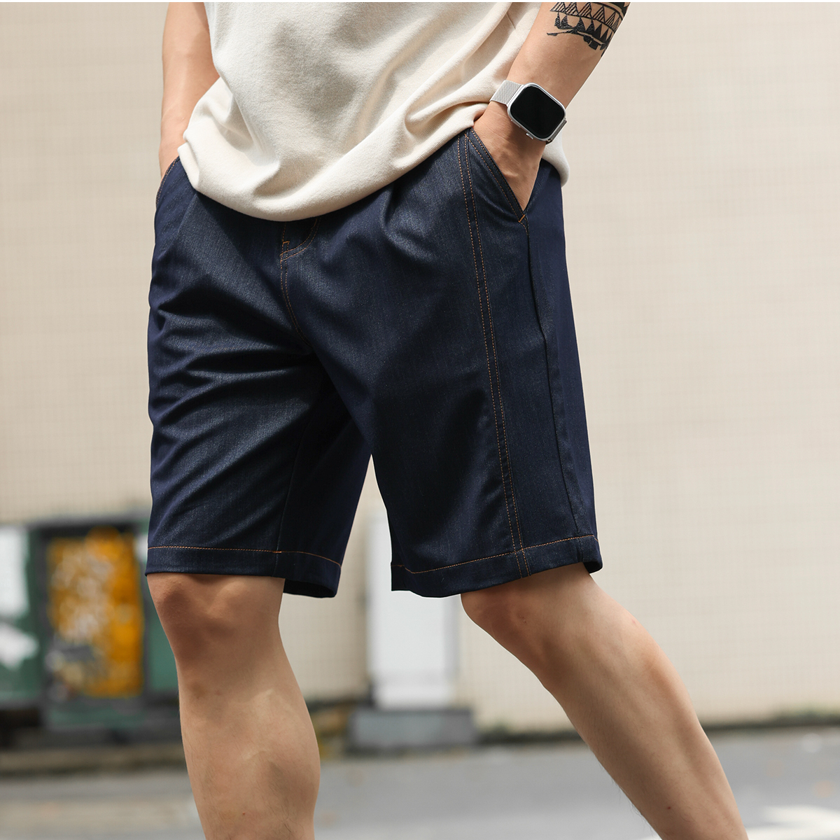 美式復古丹寧牛仔短褲男抗皺易打理冰氧休閒薄款五分褲