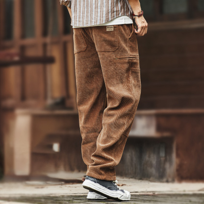 美式設計感復古燈芯絨工裝褲子男秋季新款寬鬆直筒休閒長褲