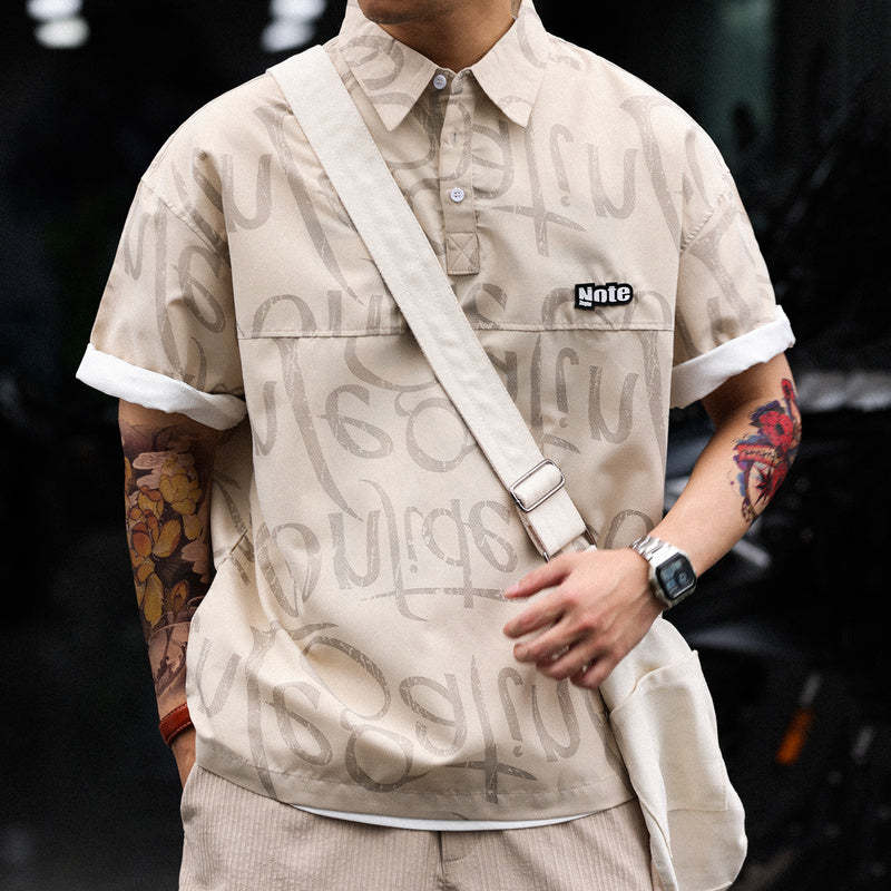 美式滿印塗鴉冰絲短袖POLO衫男薄款寬鬆工裝半袖保羅衫T恤夏-Retro's Wear