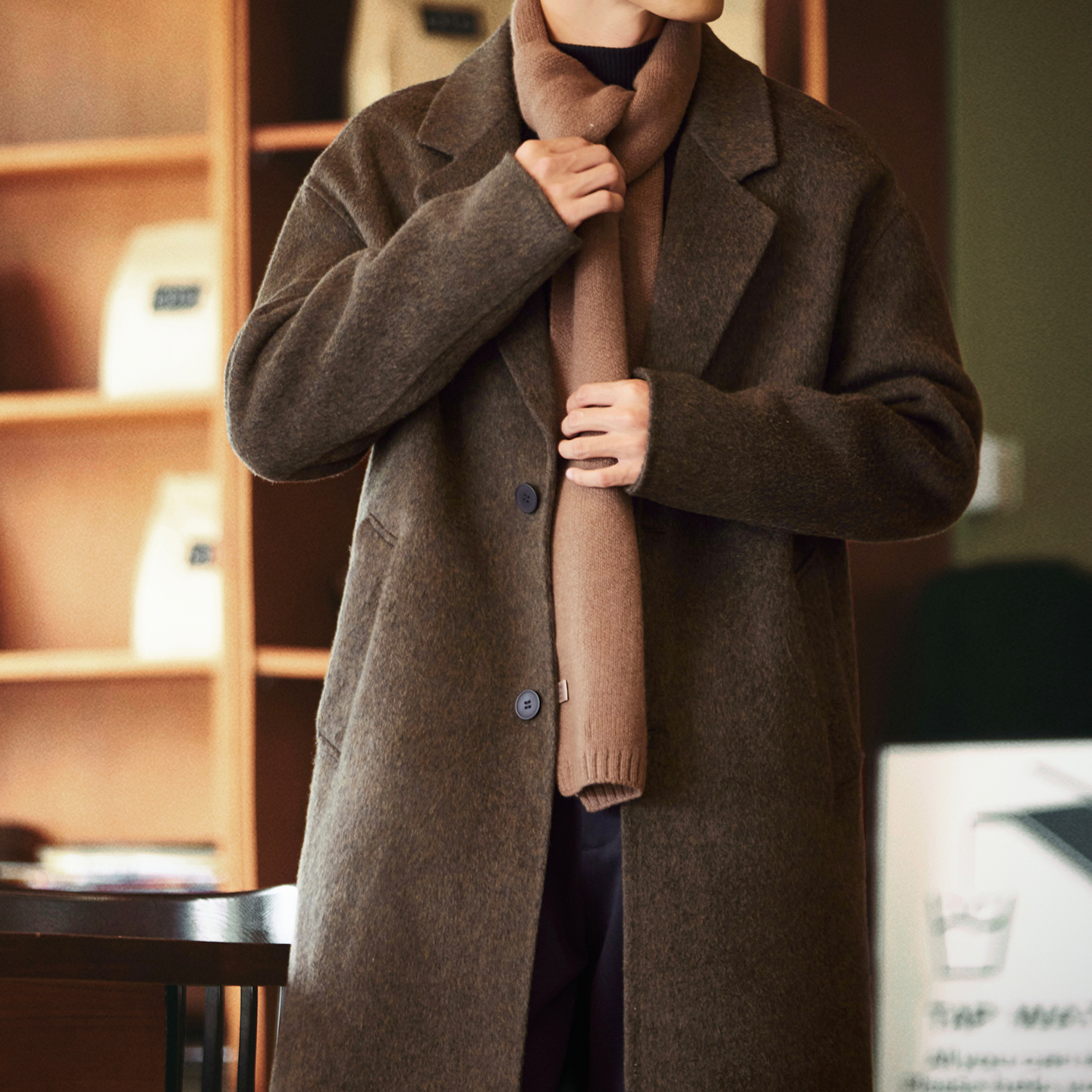 雙面羊絨平駁領毛呢大衣男士2025冬季新款通勤保暖中長款羊毛外套
