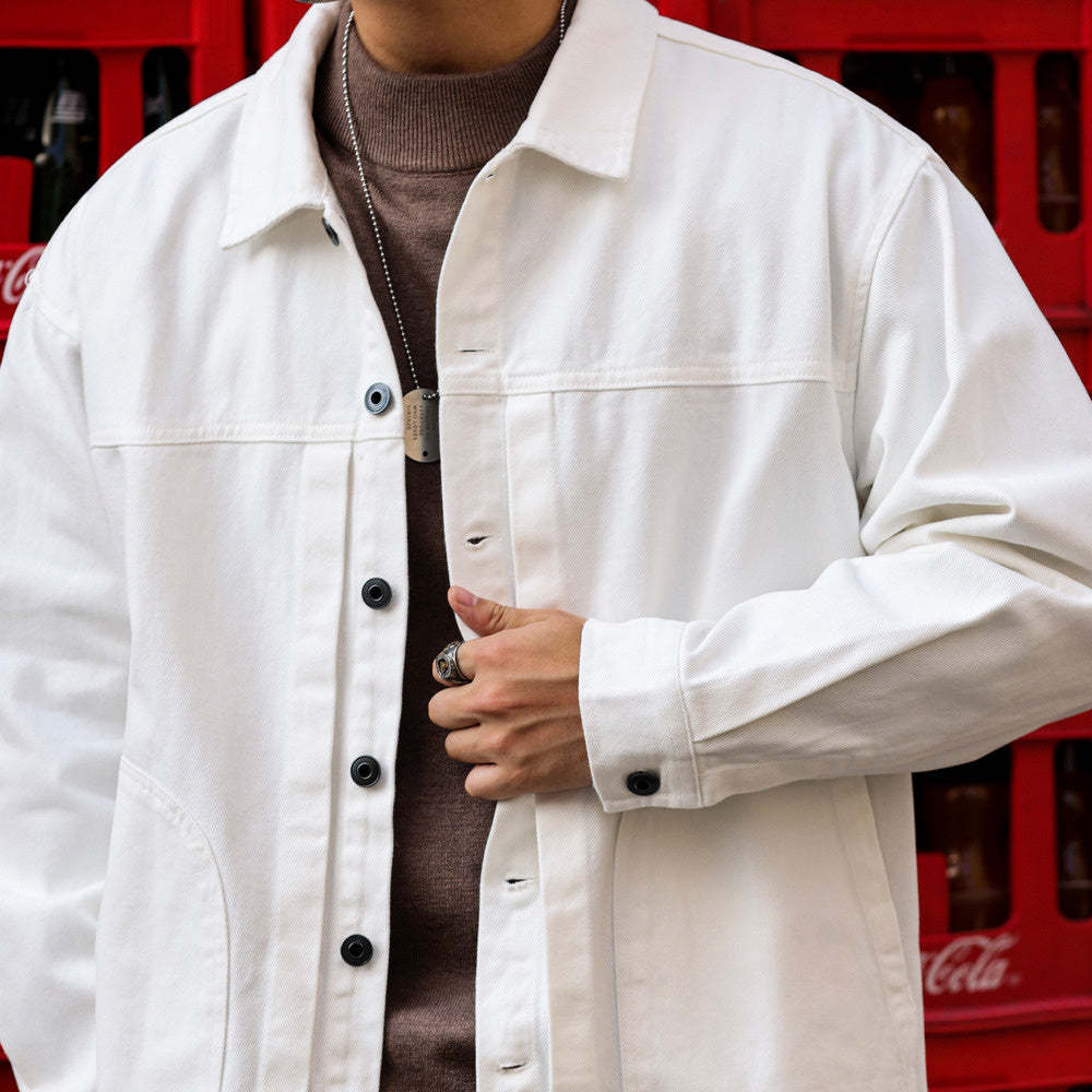 美式格雷系碳素磨毛復古夾克男士寬鬆休閒重磅翻領工裝外套-Retro's Wear