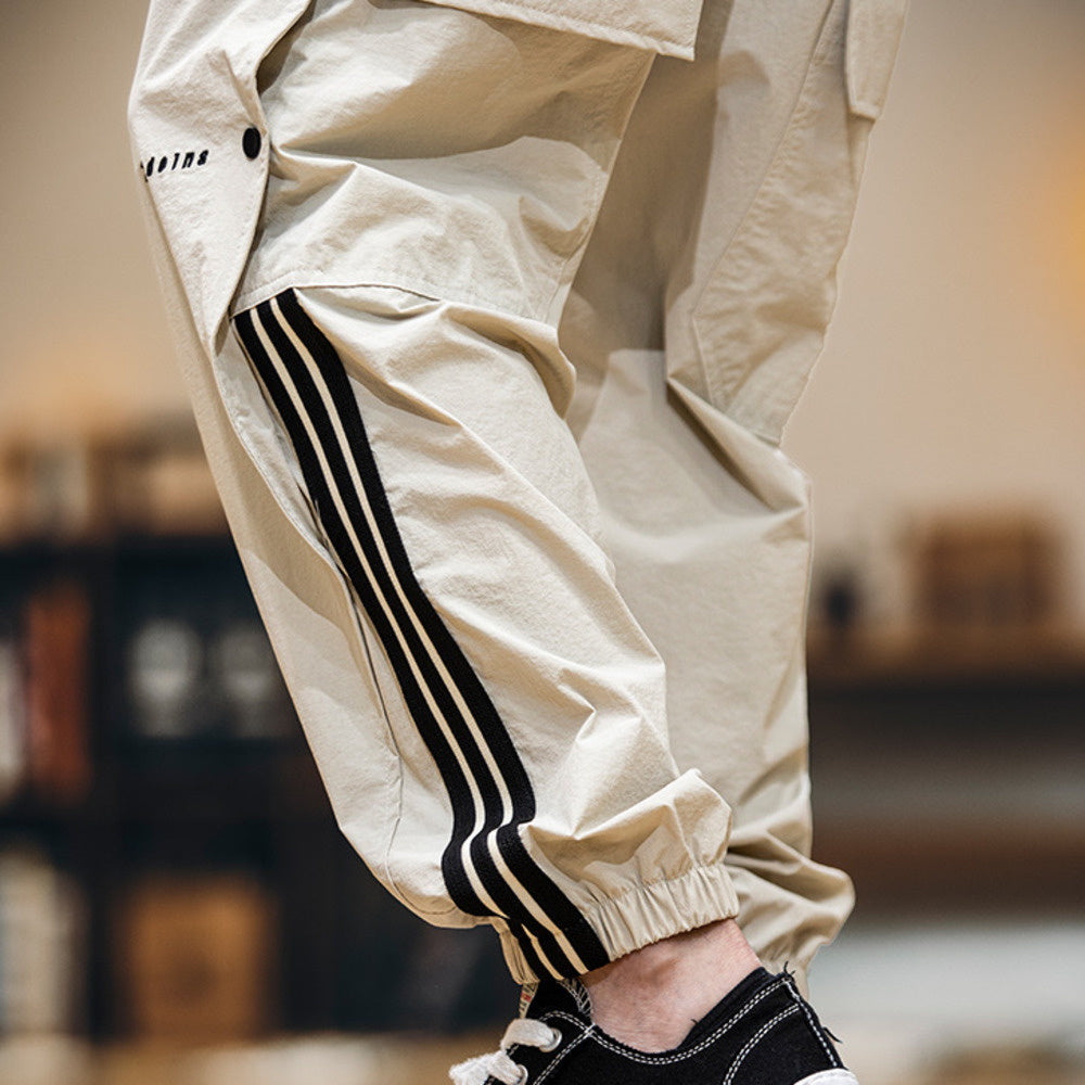 美式拼接條紋工裝束脚休閒褲男春夏2025新款彈力速幹運動褲子薄款