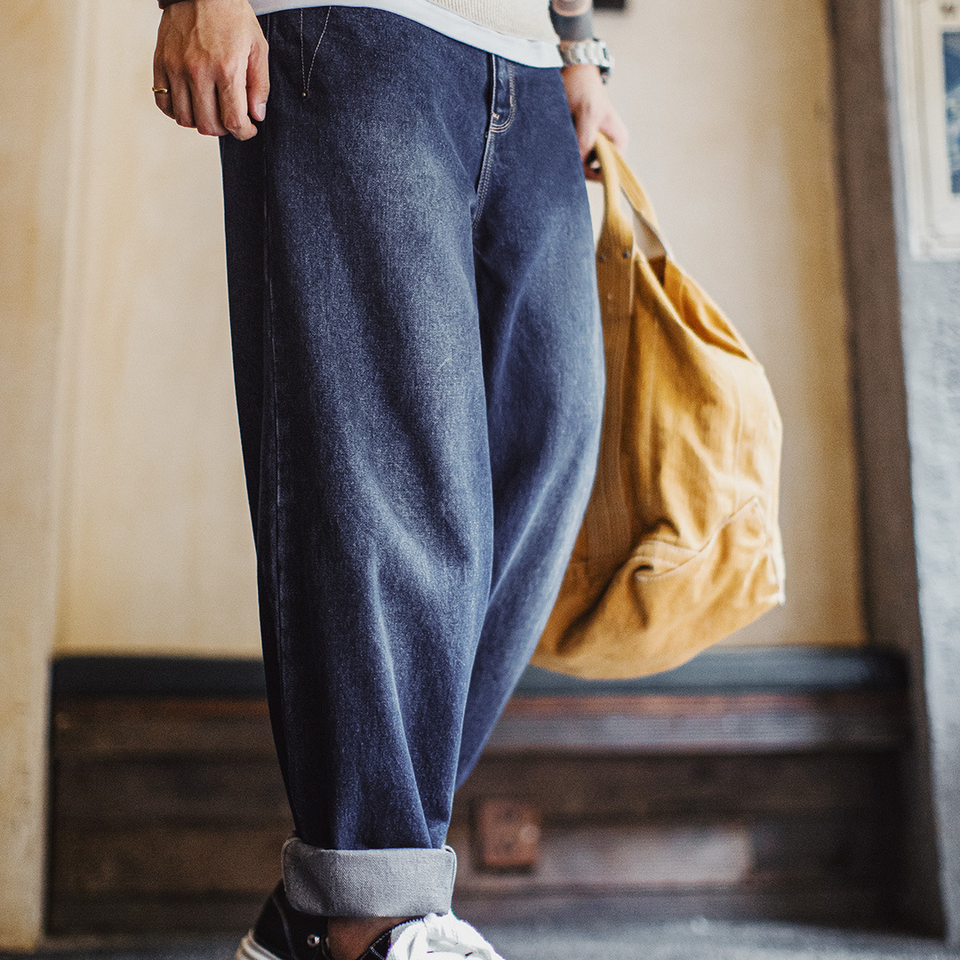 美式復古水洗彎刀牛仔褲丹寧闊腿垂感拖地休閒長褲子男秋