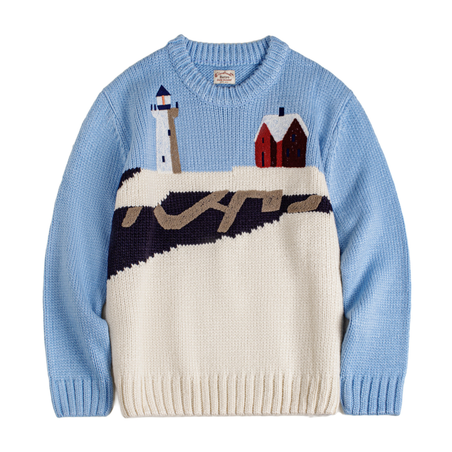 復古圓領寬鬆加厚針織提花毛衣休閒保暖外穿粗毛線上衣秋冬女