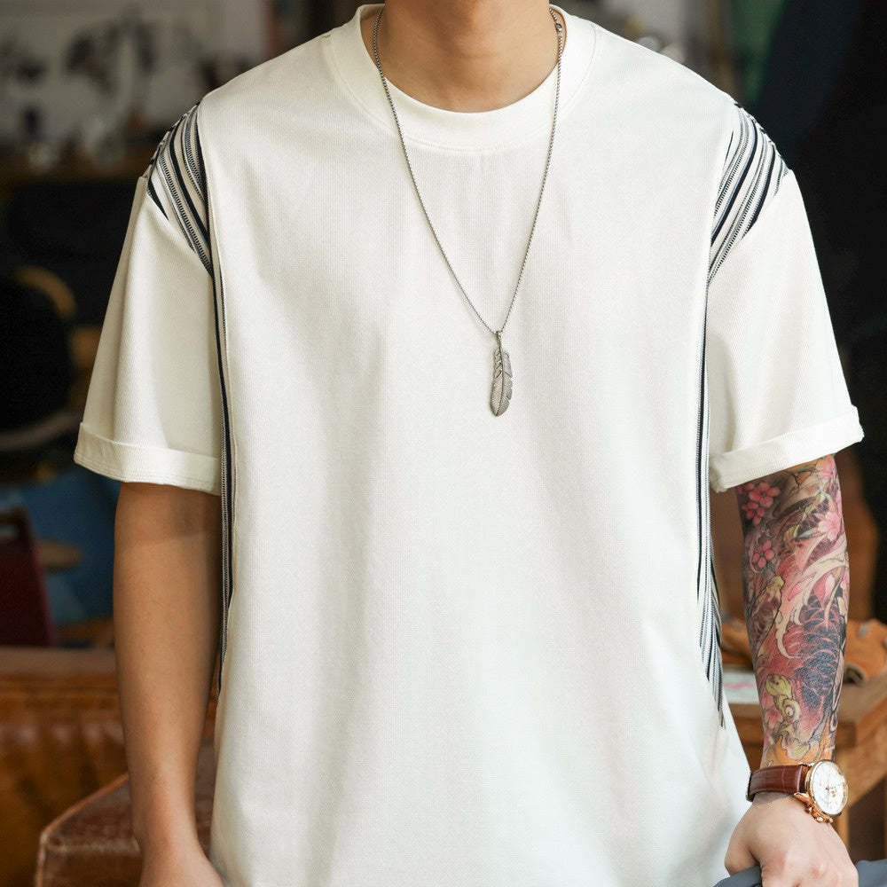 美式休閒提花條紋拼接短袖T恤男寬鬆200g凉感圓領打底衫