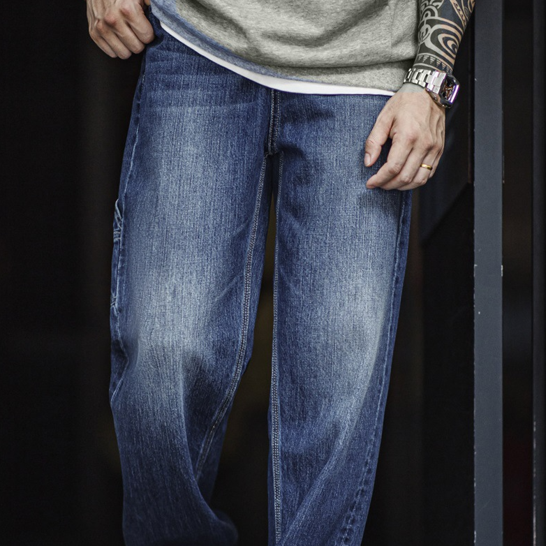 美式復古磨白伐木牛仔褲水洗丹寧寬鬆純棉直筒長褲子男夏-Retro's Wear