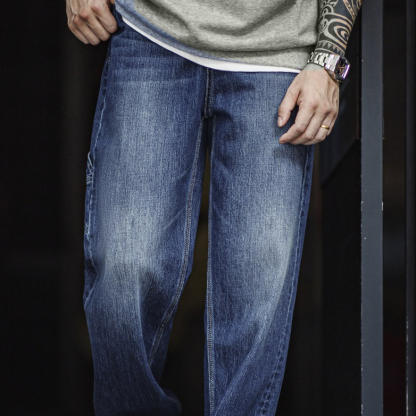 美式復古磨白伐木牛仔褲水洗丹寧寬鬆純棉直筒長褲子男夏-Retro's Wear