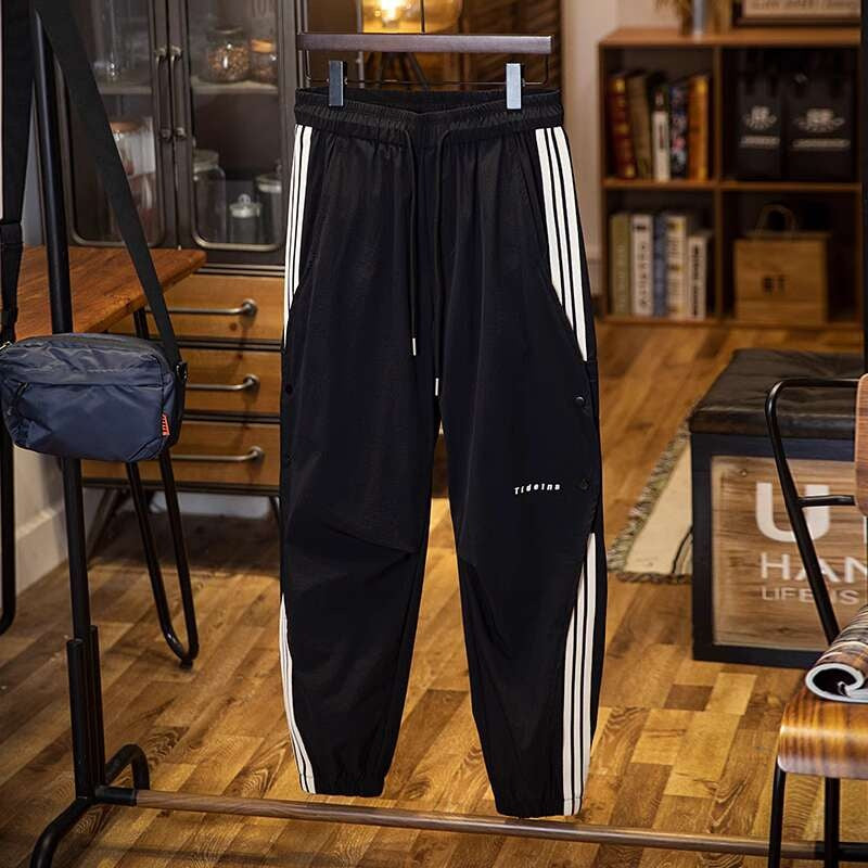 美式拼接條紋工裝束脚休閒褲男春夏2025新款彈力速幹運動褲子薄款
