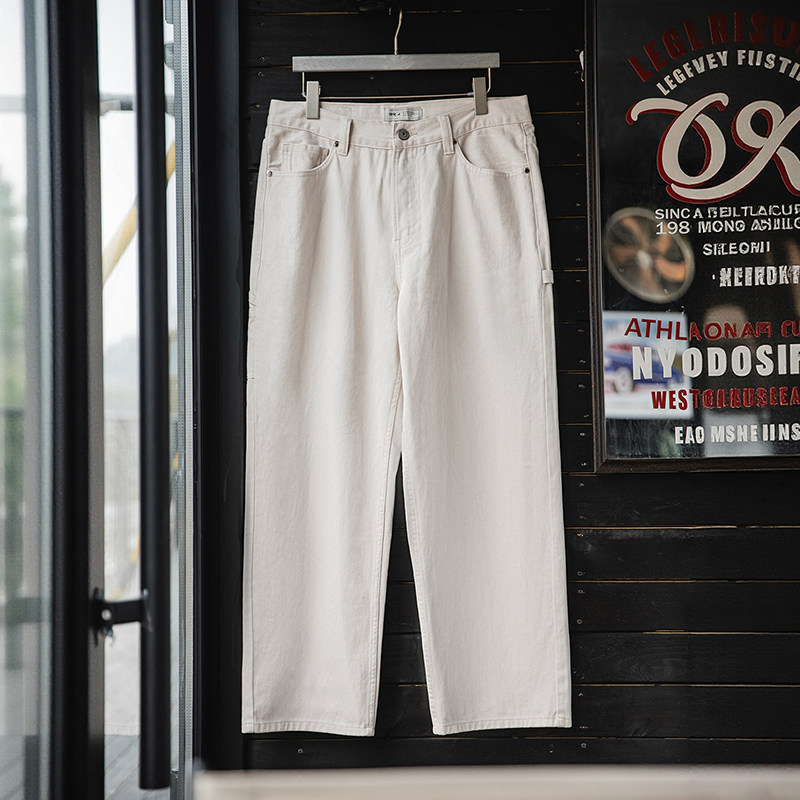 MRA 白色B01伐木工裝水洗牛仔褲純棉直筒多口袋休閒長褲男春秋