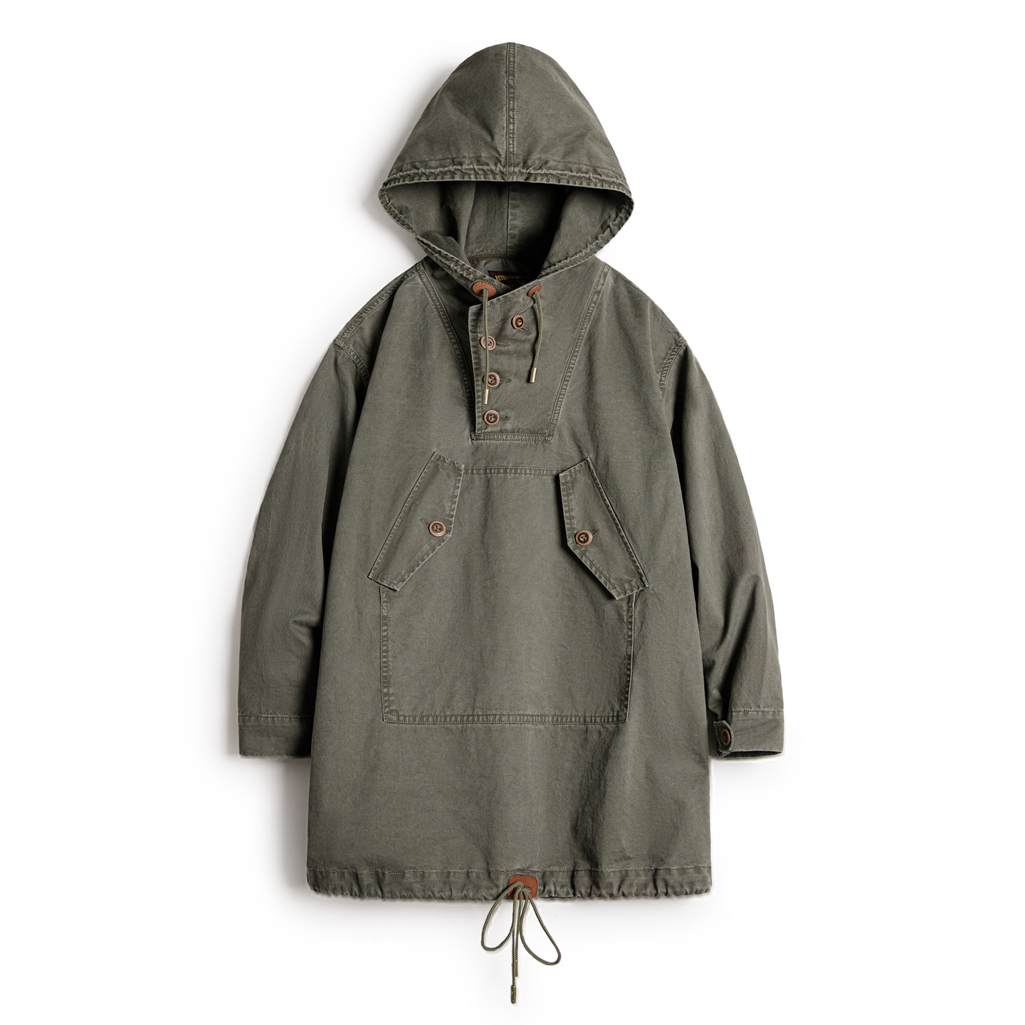 軍綠色水洗中長款寬鬆全棉套頭連帽工裝風衣連衣裙外套女士秋