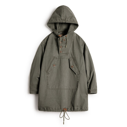軍綠色水洗中長款寬鬆全棉套頭連帽工裝風衣連衣裙外套女士秋