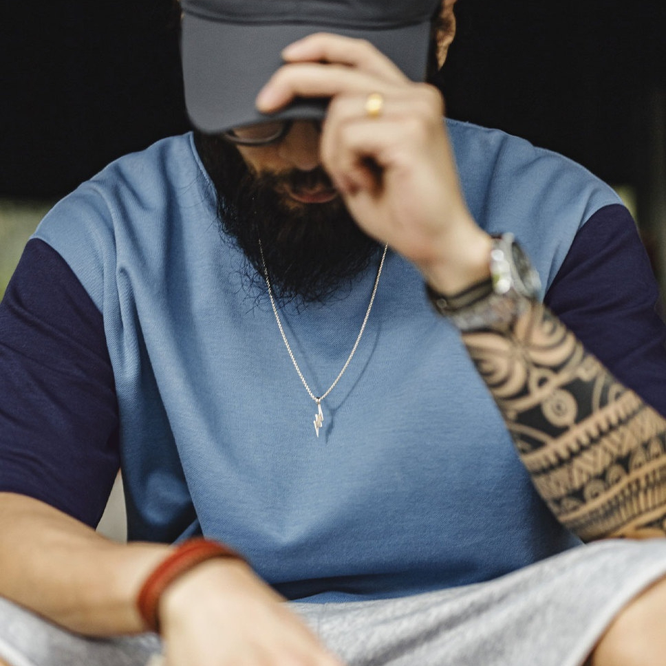 美式復古拼色T恤螺紋領口落肩袖寬鬆空氣層撞色短袖男夏