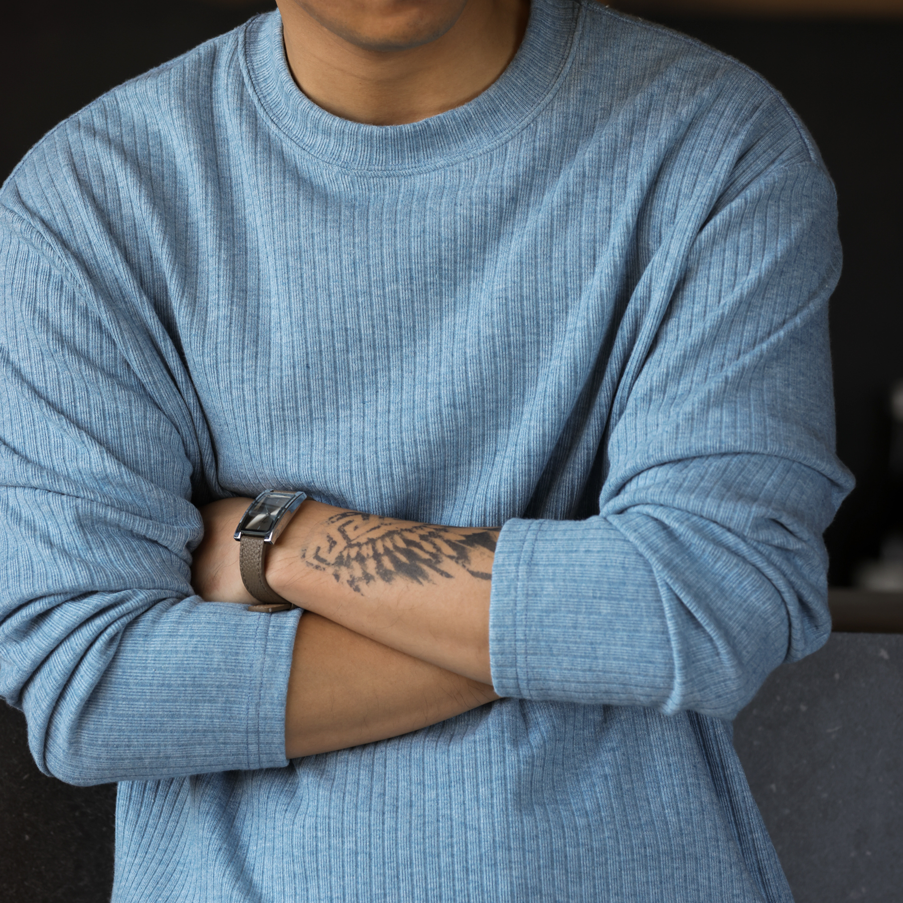 美式坑條肌理感針織T恤男380g重磅彈力暖絨長袖打底TEE