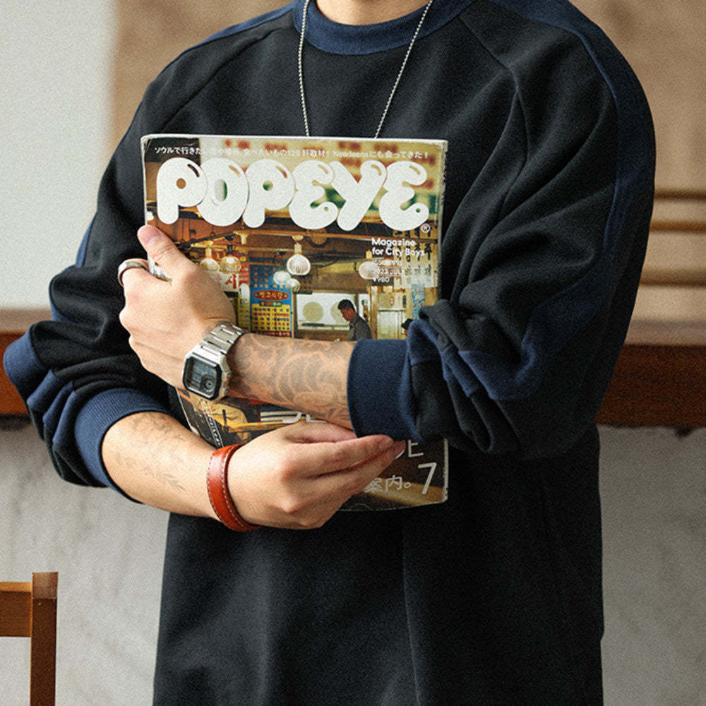 羅紋撞色拼接套頭衛衣男款秋冬480G重磅純棉毛圈休閒外套上衣-Retro's Wear