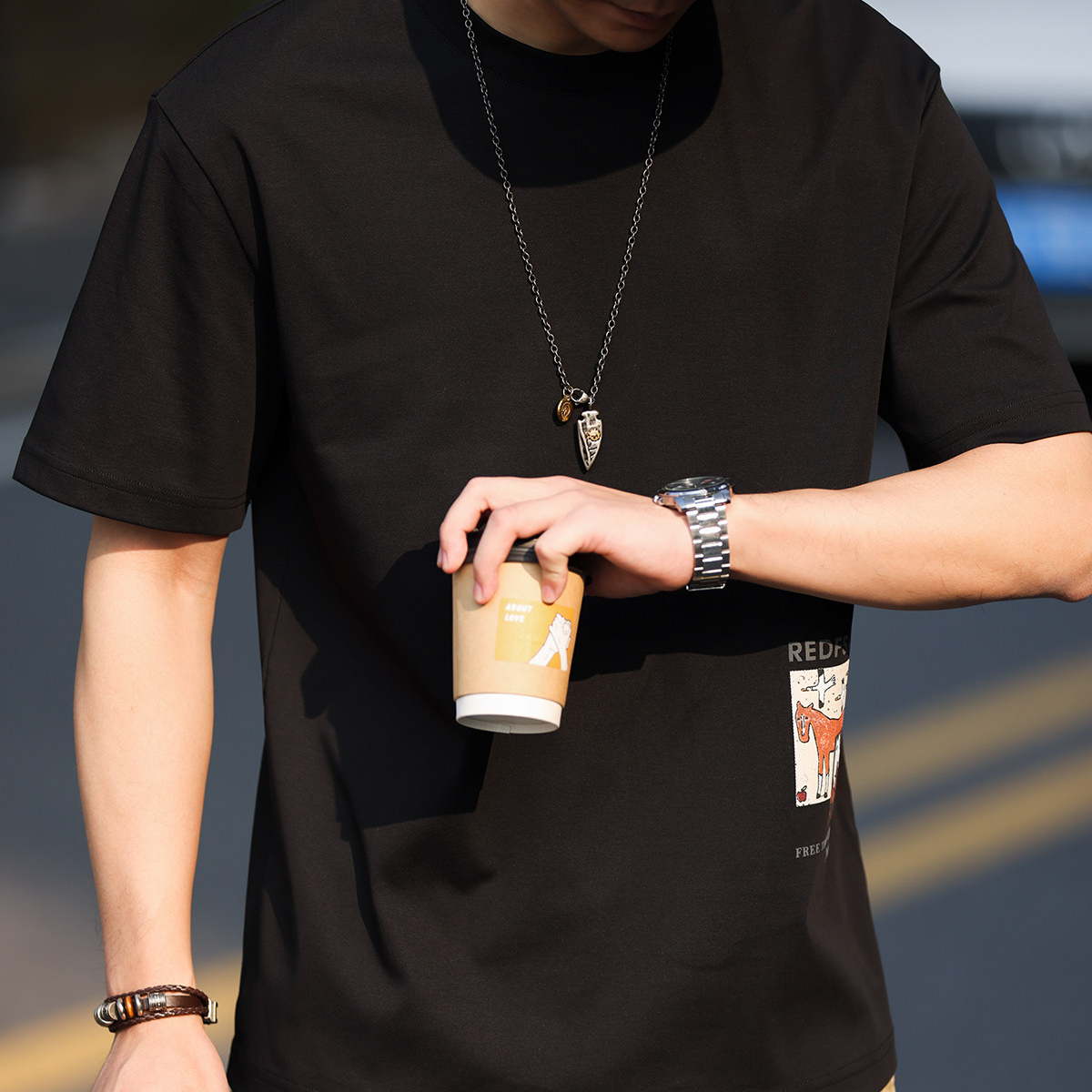 馬年定番趣味印花圓領T恤男美式休閒微寬凉感短袖打底衫