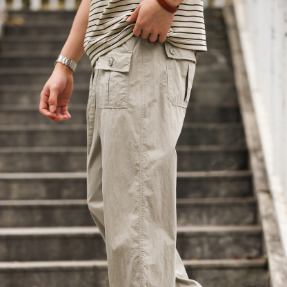 美式休閒冰絲速幹直筒褲子男口袋設計戶外薄款工裝褲夏