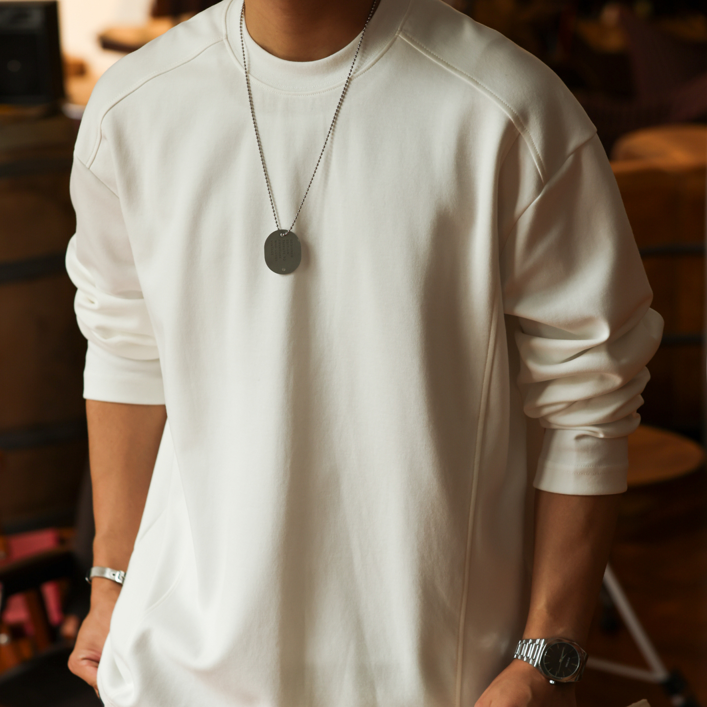 美式休閒280g拼接款長袖T恤男馬鞍肩設計cleanfit打底衫