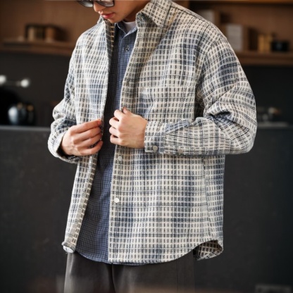 美式復古雙色格紋襯衣夾克男廊型加厚重磅休閒襯衫外套