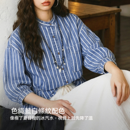 復古牛仔高收腰短款藍色條紋燈籠七分袖短袖襯衫襯上衣女士夏