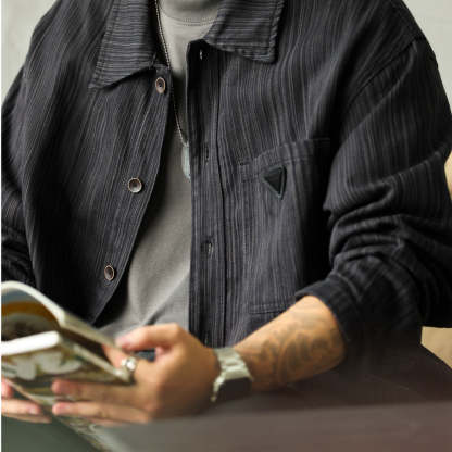 美式復古重磅竹節紋襯衫外套男高級感寬鬆休閒工裝長袖襯衣-Retro's Wear