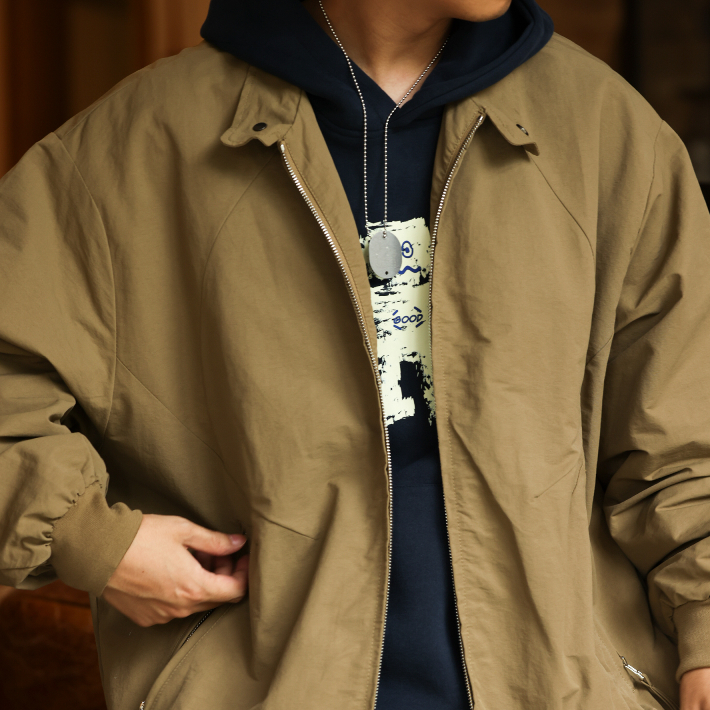 美式復古防風立領工裝夾克男卡其戶外通勤拉鍊口袋外套