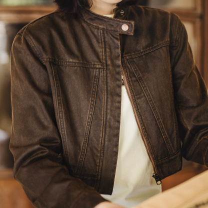 美式復古美拉德立領小眾油蠟麂皮夾克修身短款機車外套女士秋