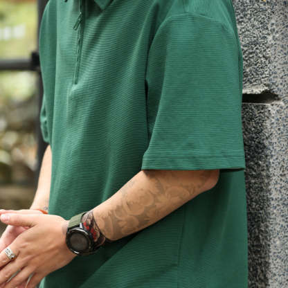 美式休閒半拉鍊翻領POLO衫男260g重磅肌理感寬鬆短袖T恤