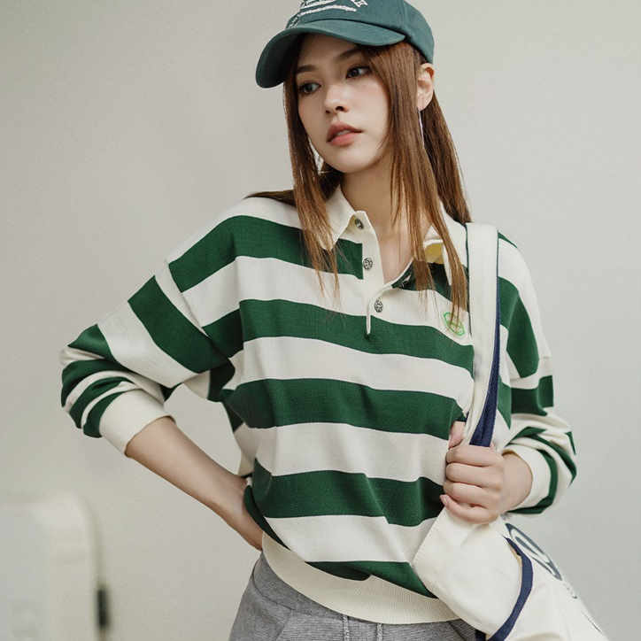 復古撞色條紋POLO領長袖T恤針織休閒百搭上衣顯瘦打底衫秋女-Retro's Wear