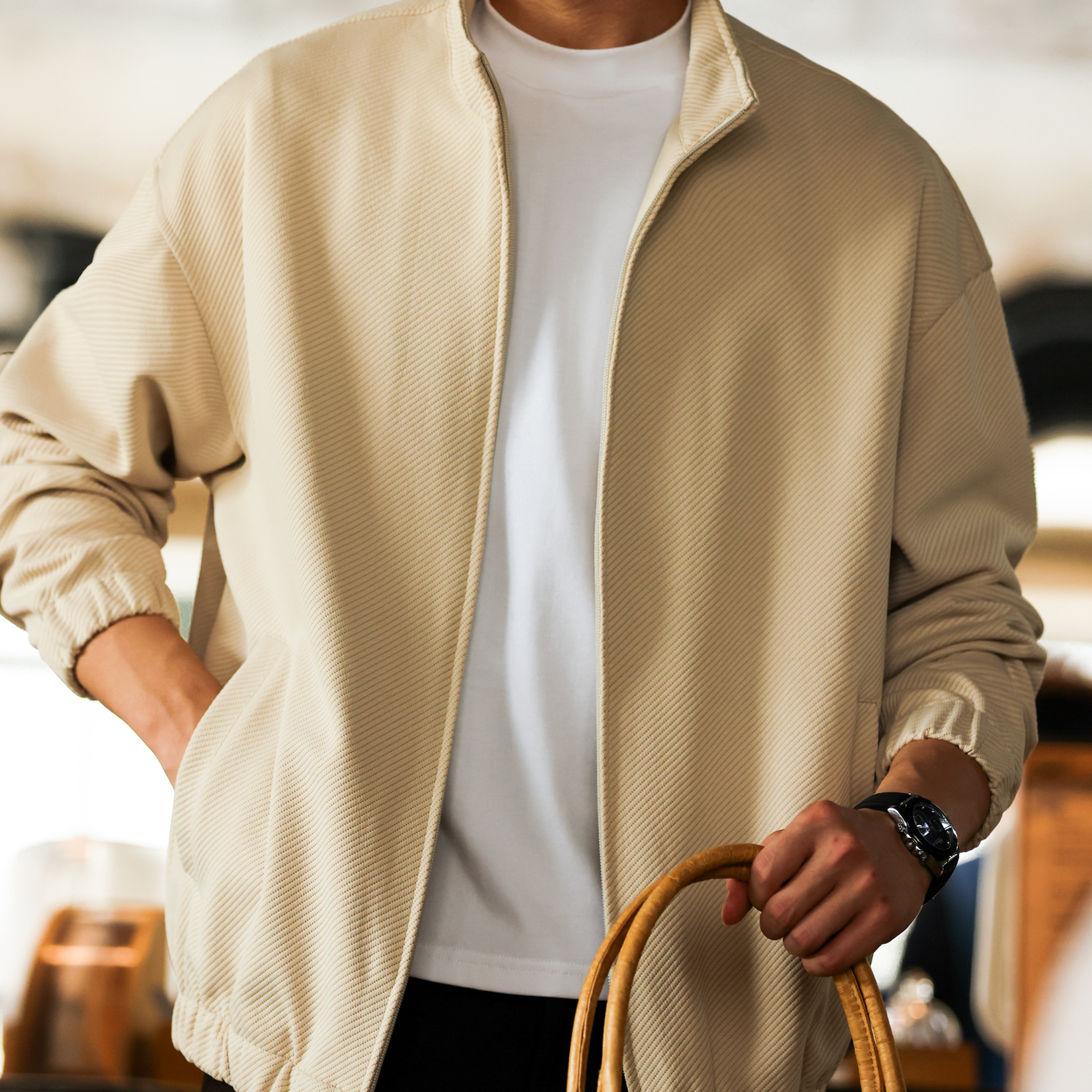 美式休閒斜紋肌理拉鍊立領夾克男落肩百搭寬鬆開衫外套