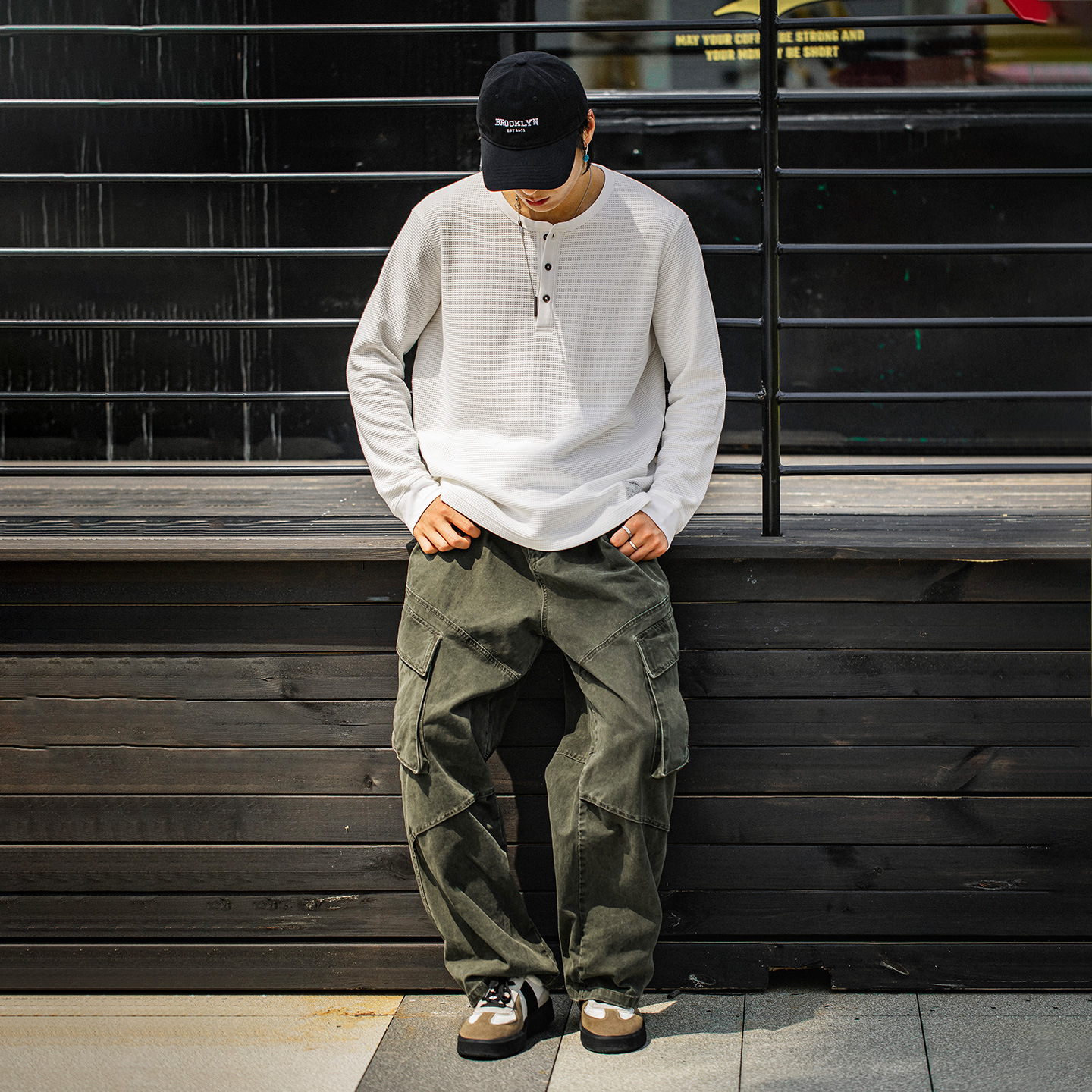 MRA亨利領正肩打底衫300g重磅白色長袖T恤上衣內搭老錢風男秋