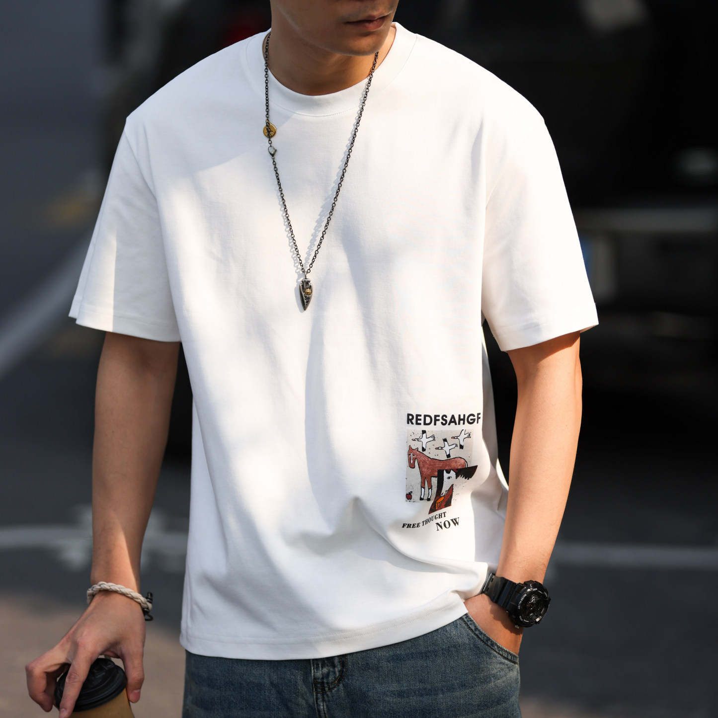 馬年定番趣味印花圓領T恤男美式休閒微寬凉感短袖打底衫