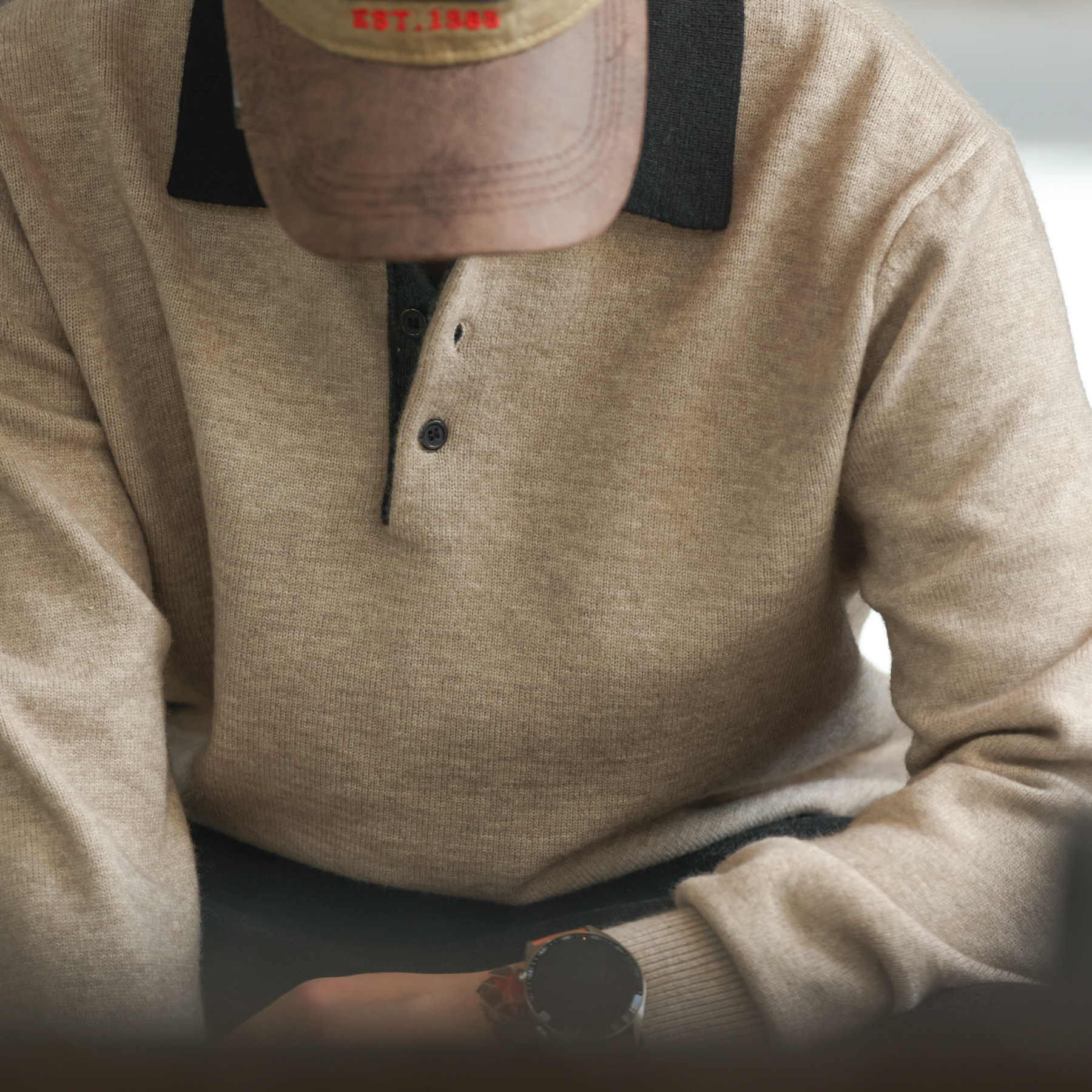 老錢風撞色POLO領毛衣男高支細針抗起球休閒羊毛針織衫