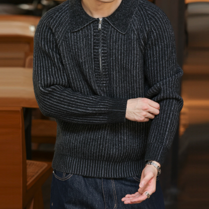 美式復古860g重磅半拉鍊翻毛衣男抗起球插肩袖POLO針織衫