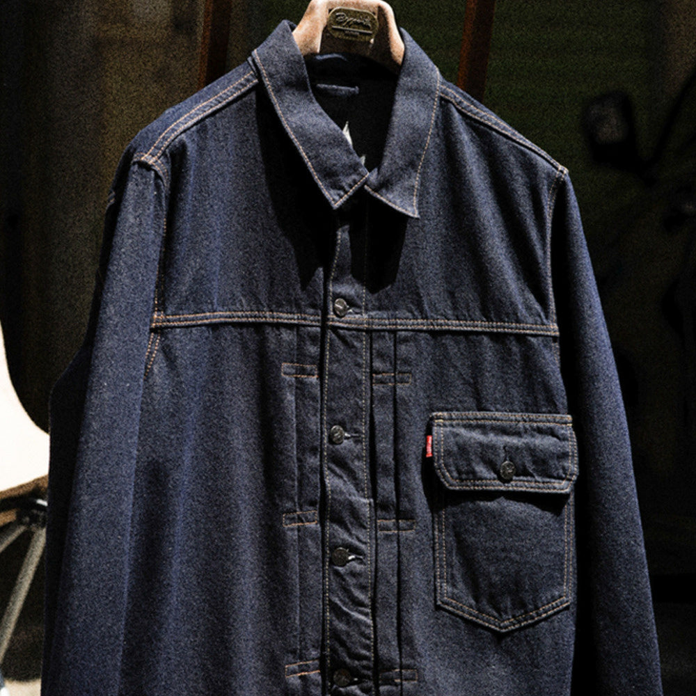 日系復古風暴騎士牛仔夾克男深藍色阿美哢嘰翻領輯明線外套-Retro's Wear