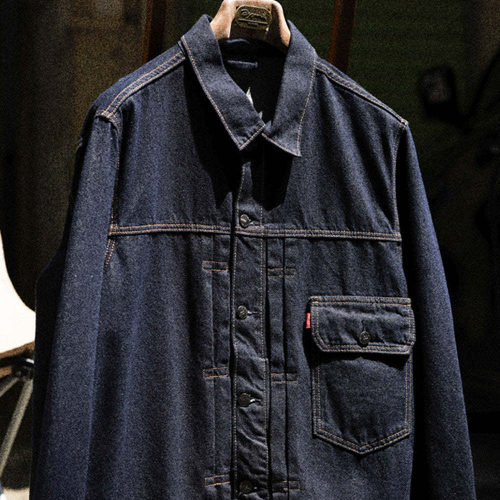 日系復古風暴騎士牛仔夾克男深藍色阿美哢嘰翻領輯明線外套-Retro's Wear