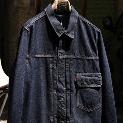 日系復古風暴騎士牛仔夾克男深藍色阿美哢嘰翻領輯明線外套-Retro's Wear