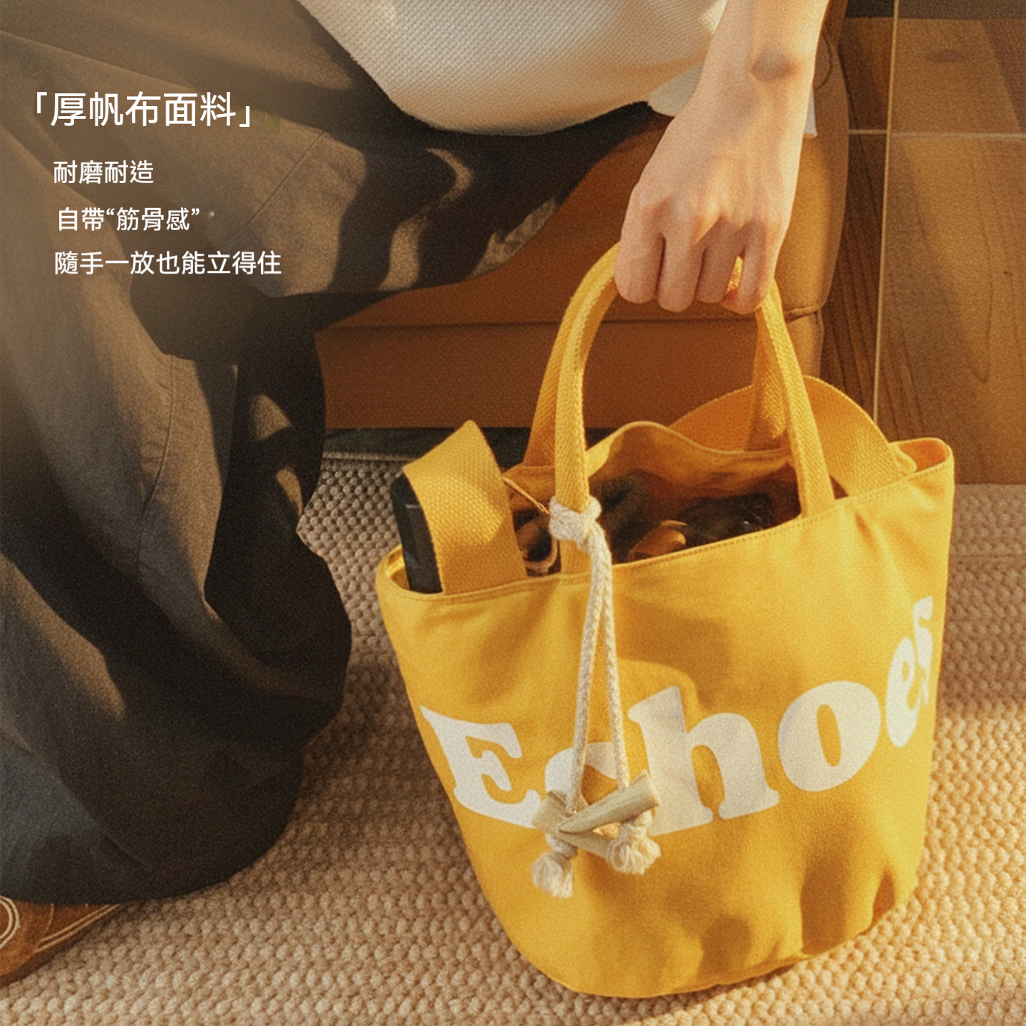 復古時尚手拎單肩黃色帆布水桶包斜挎包小個子單間手提包包女